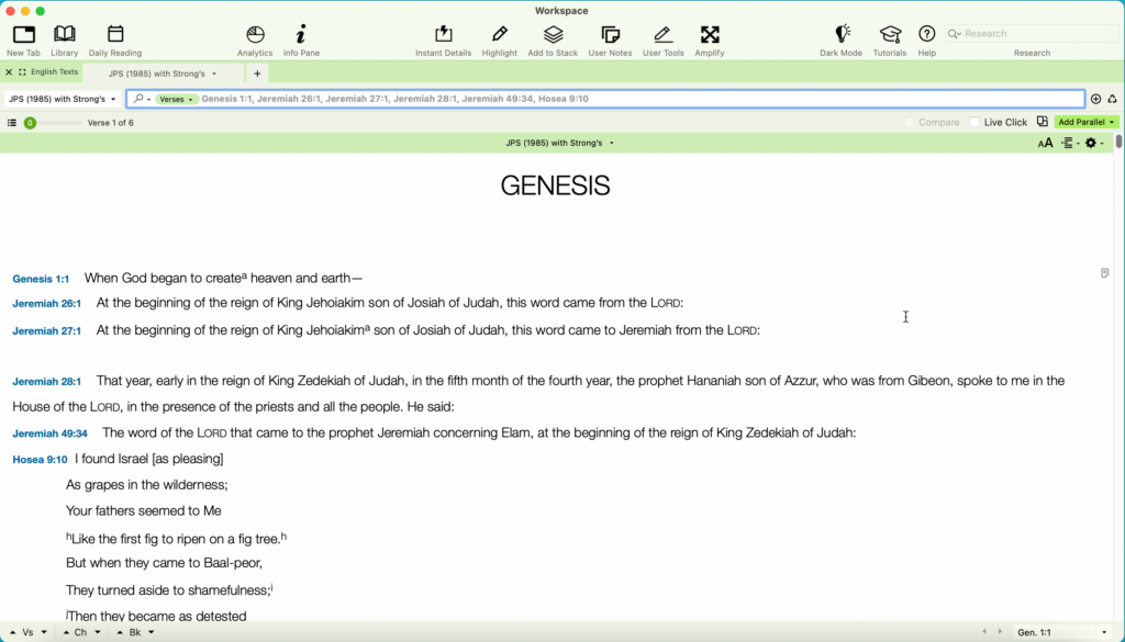 Accordance search results displaying the selected noncontiguous Bible verses